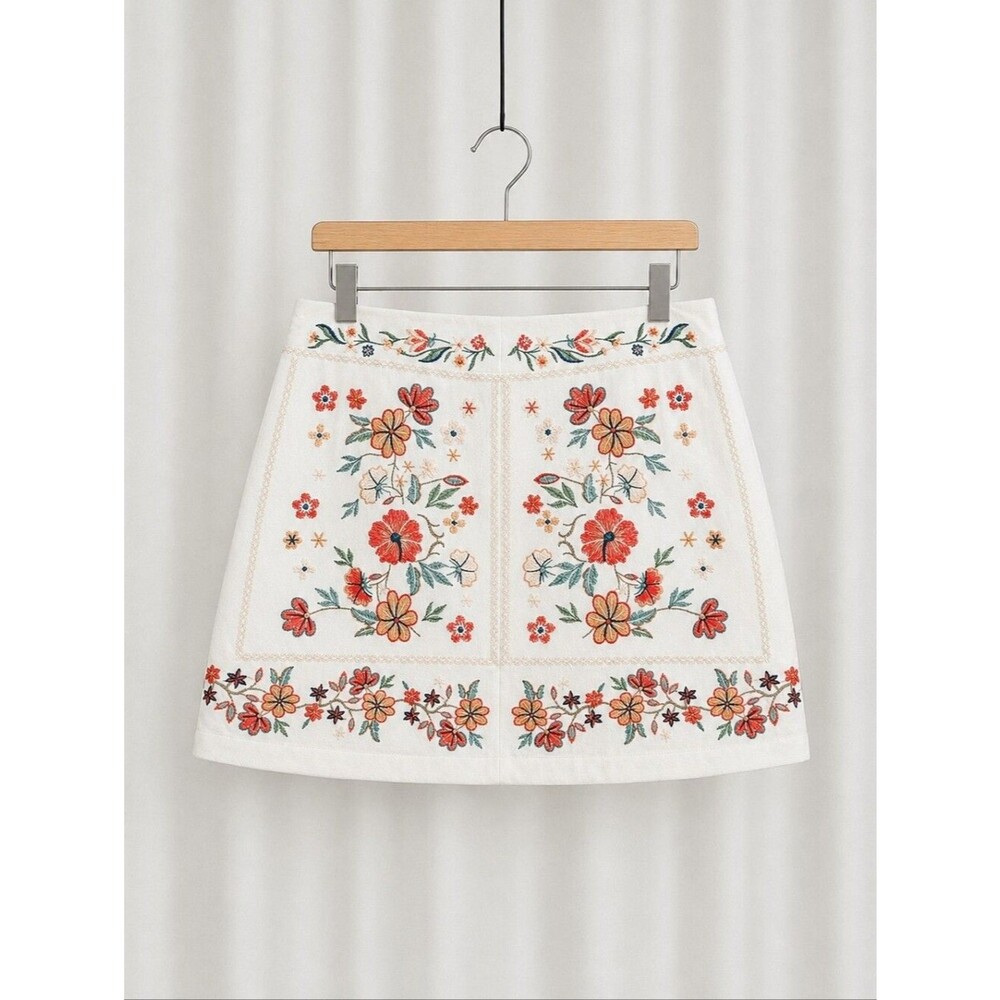 Umgee Floral Embroidered Linen Blend Mini Skirt Off White Coral Folk Festival
